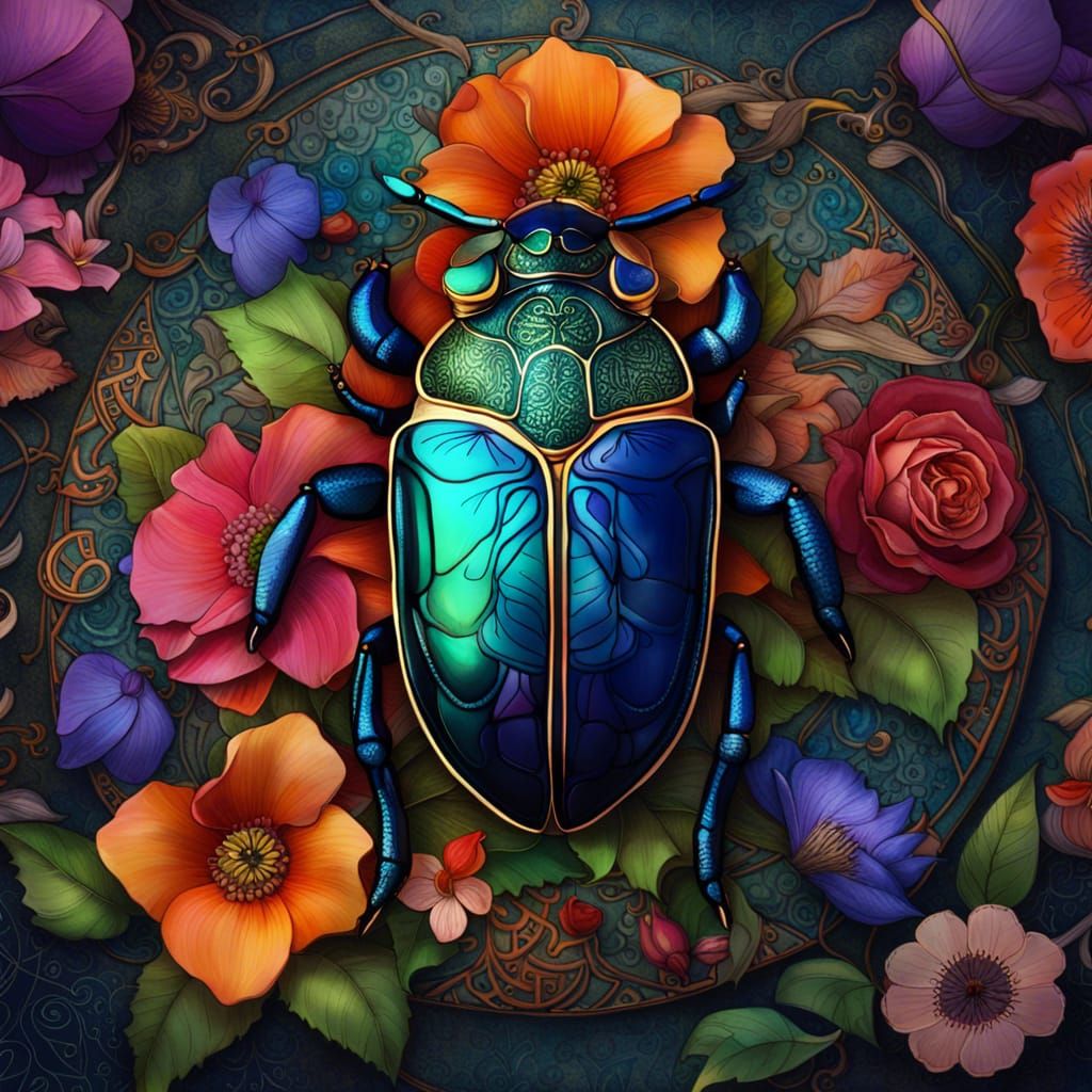 Scarab Beetle with Middle Eastern Flowers in Matte Painting
