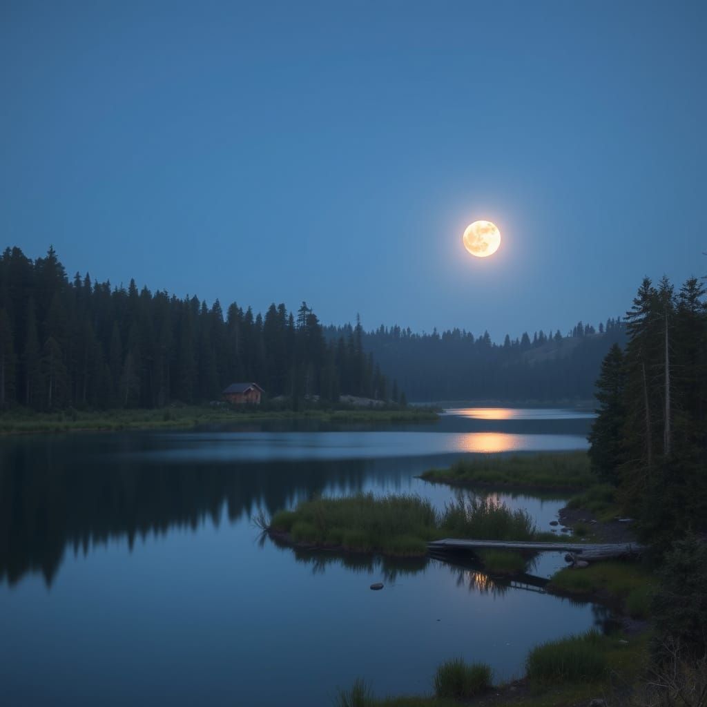 Moonlit Forest Lake Cabin Scene