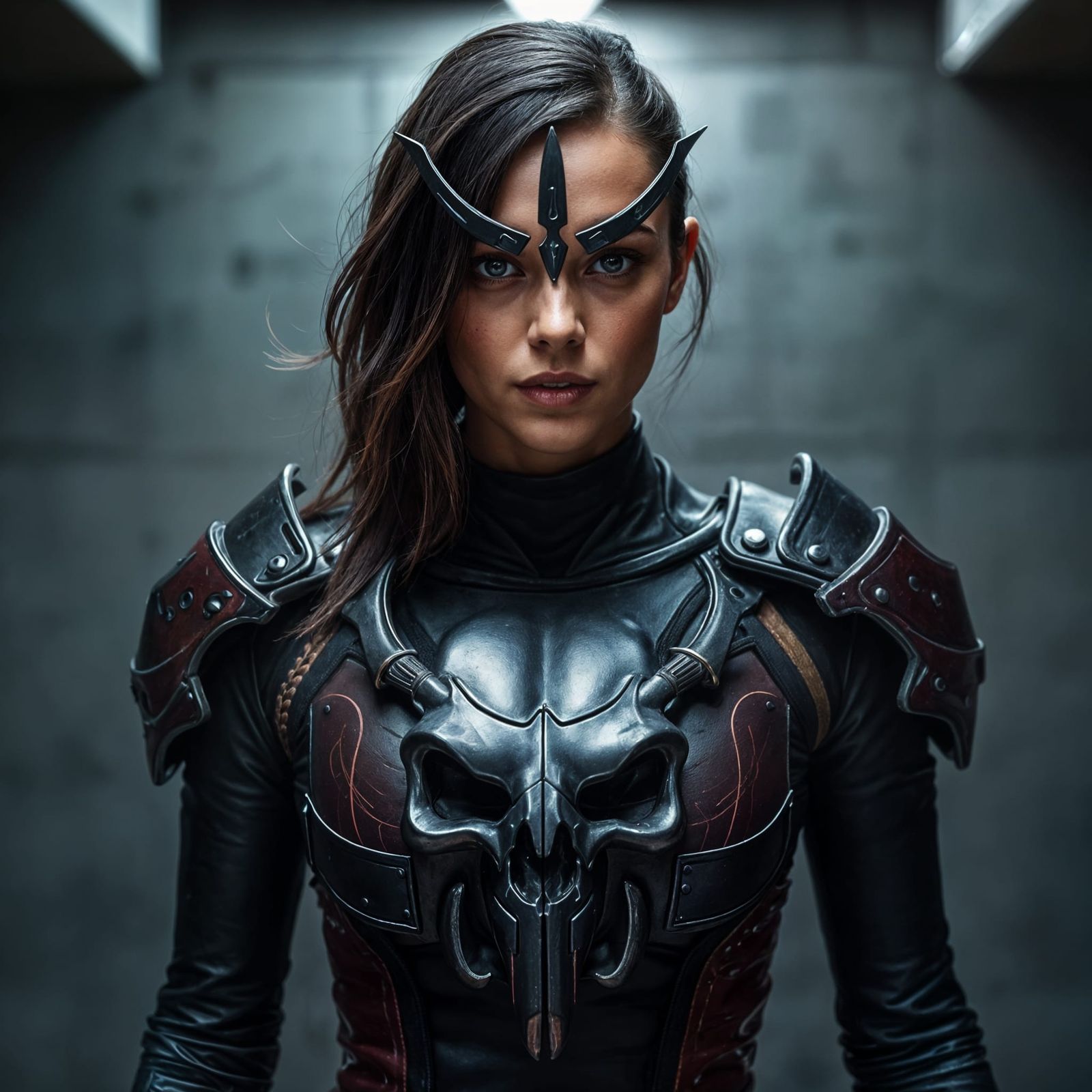 Woman in Biomechanical Armor with Karambit Skull Relief