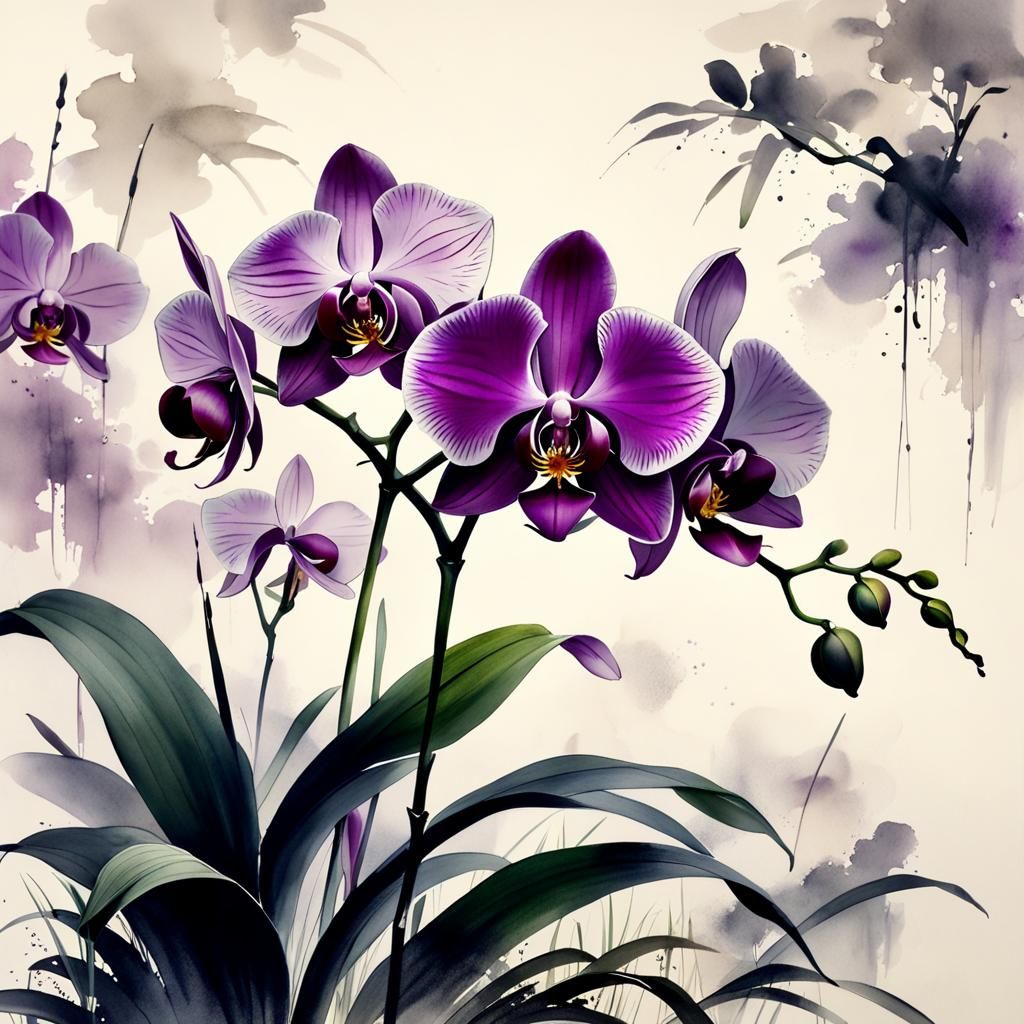 Orchid in Muted Chinese Ink Painting Style