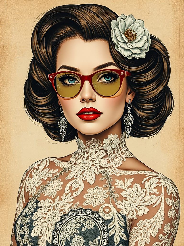 Elegant High-Society Lady in Lace Collage Art