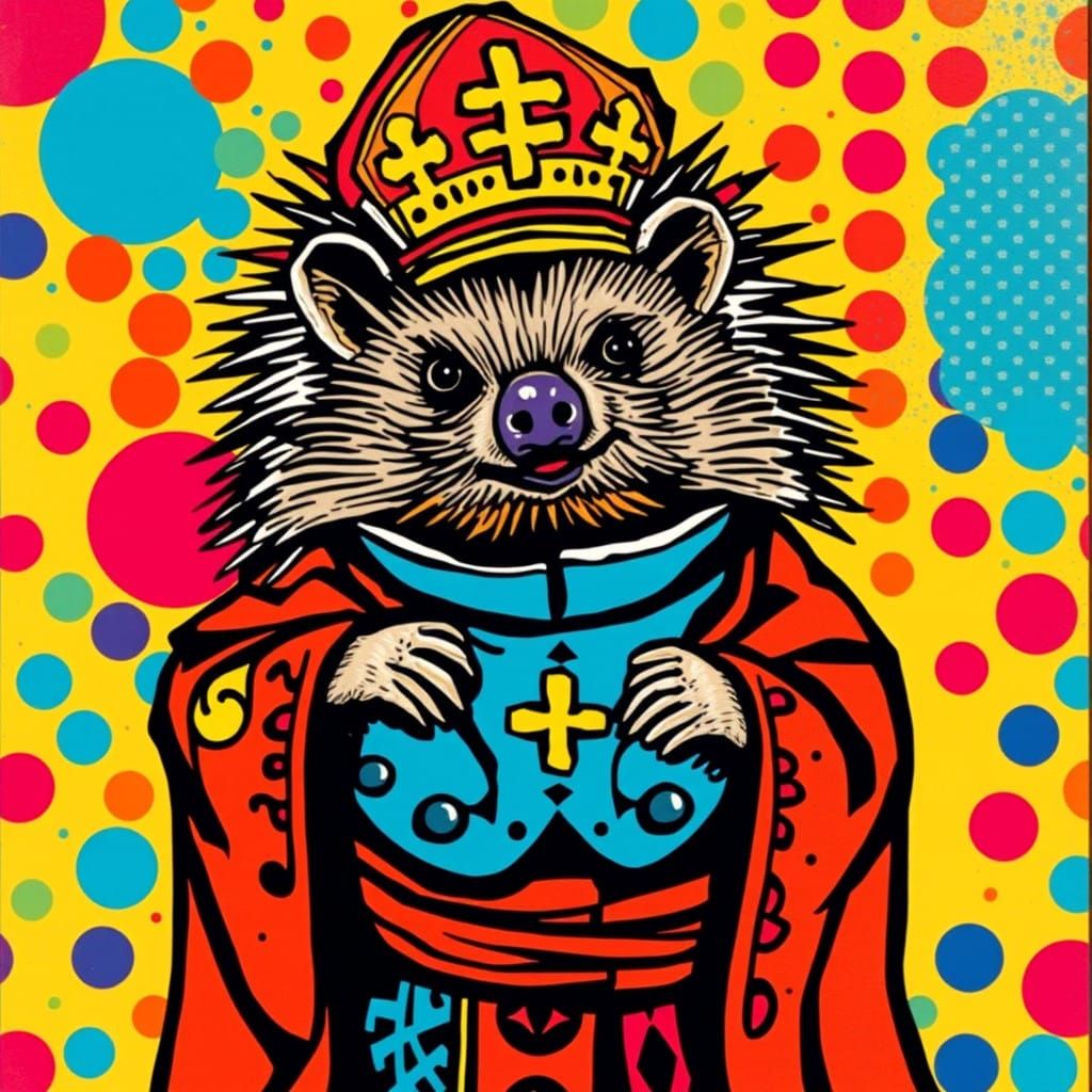 Vibrant Pop Art of a Hedgehog Priest in Cubist Style