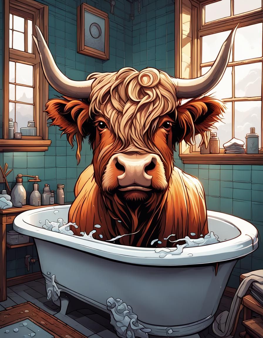 a Scottish highland cow with toilet paper wrapped around its horns stands in the bathtub Mark Brooks and Dan Mumford, co...