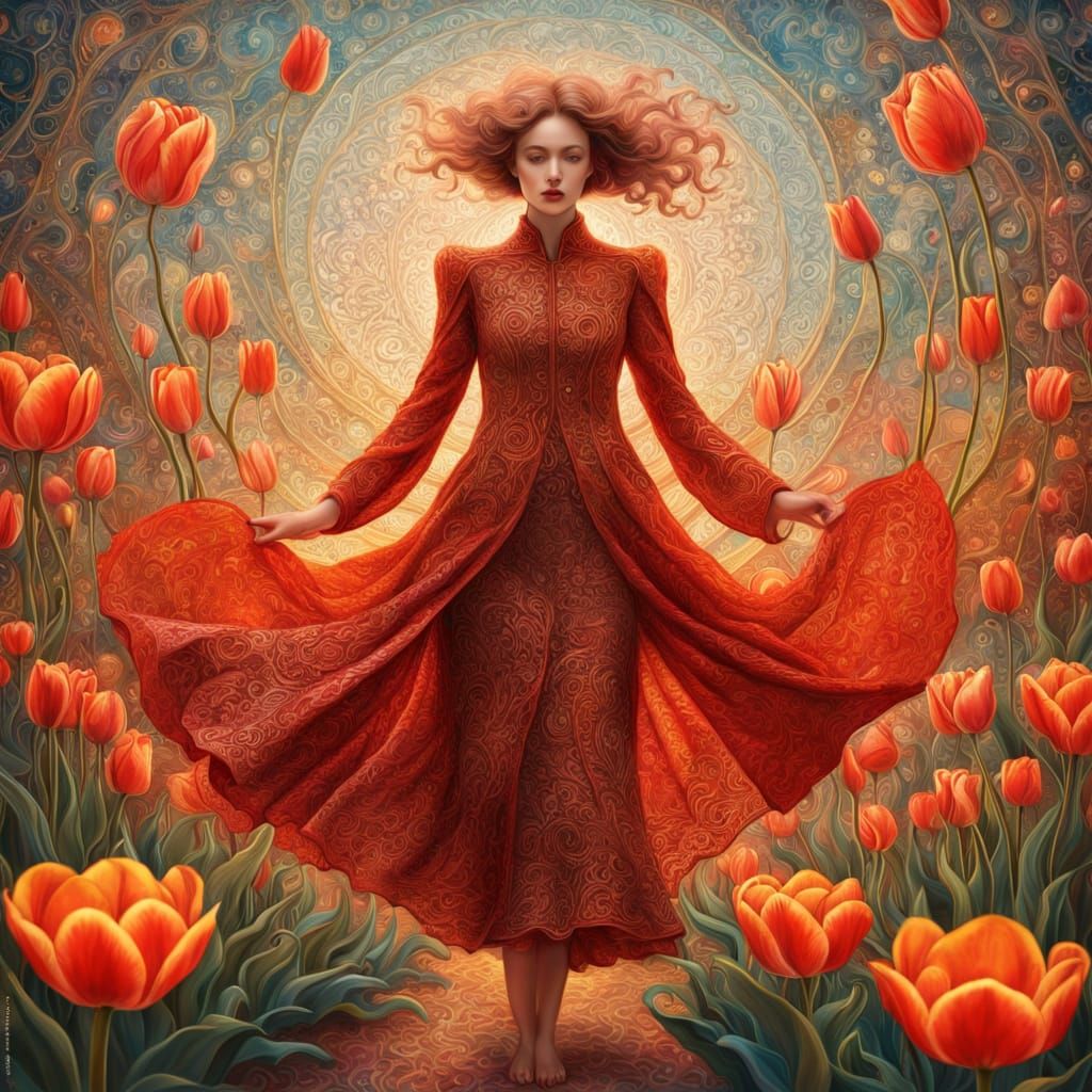 Ethereal Warrior in Red, Sword of Fire, Whimsical Blodeuwedd