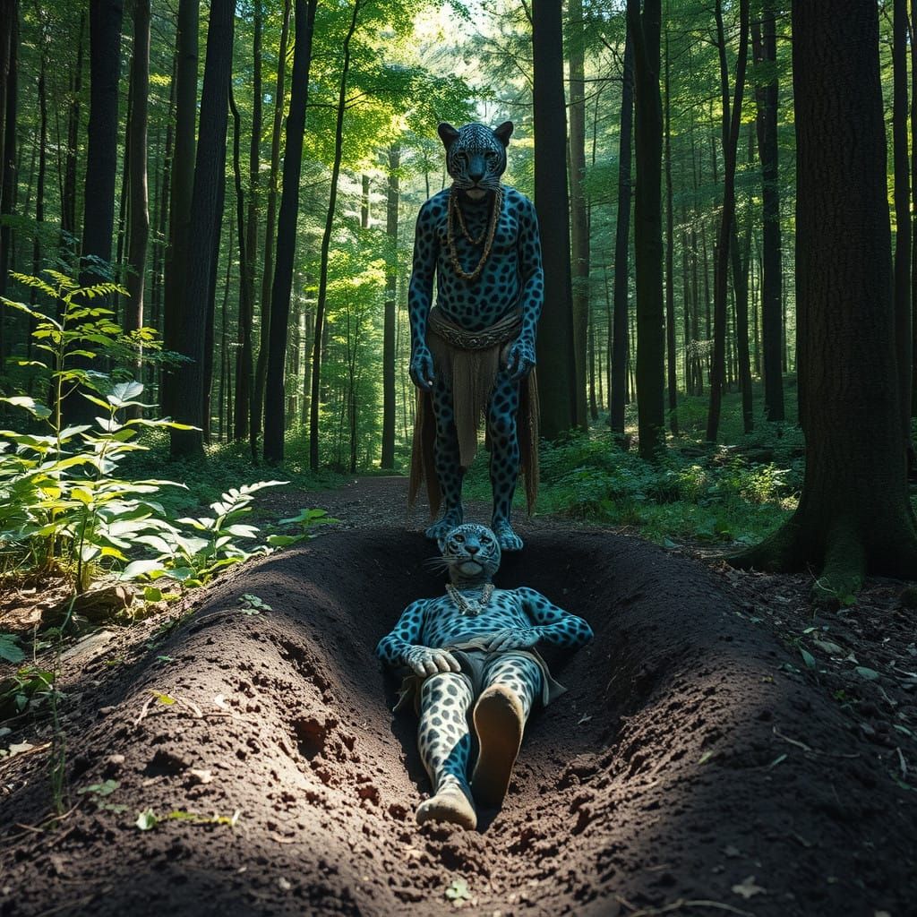 Blue Leopard Shaman Mourns Fallen Friend in Forest Grave