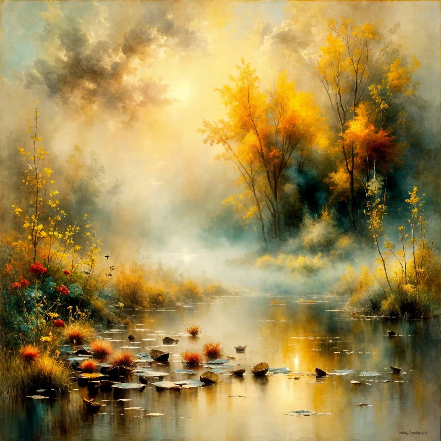 Le brouillard matinal s'installe au dessus d'un lac aux nymphéas Canaletto Gustave Doré couleurs chaudes impressionnisme...