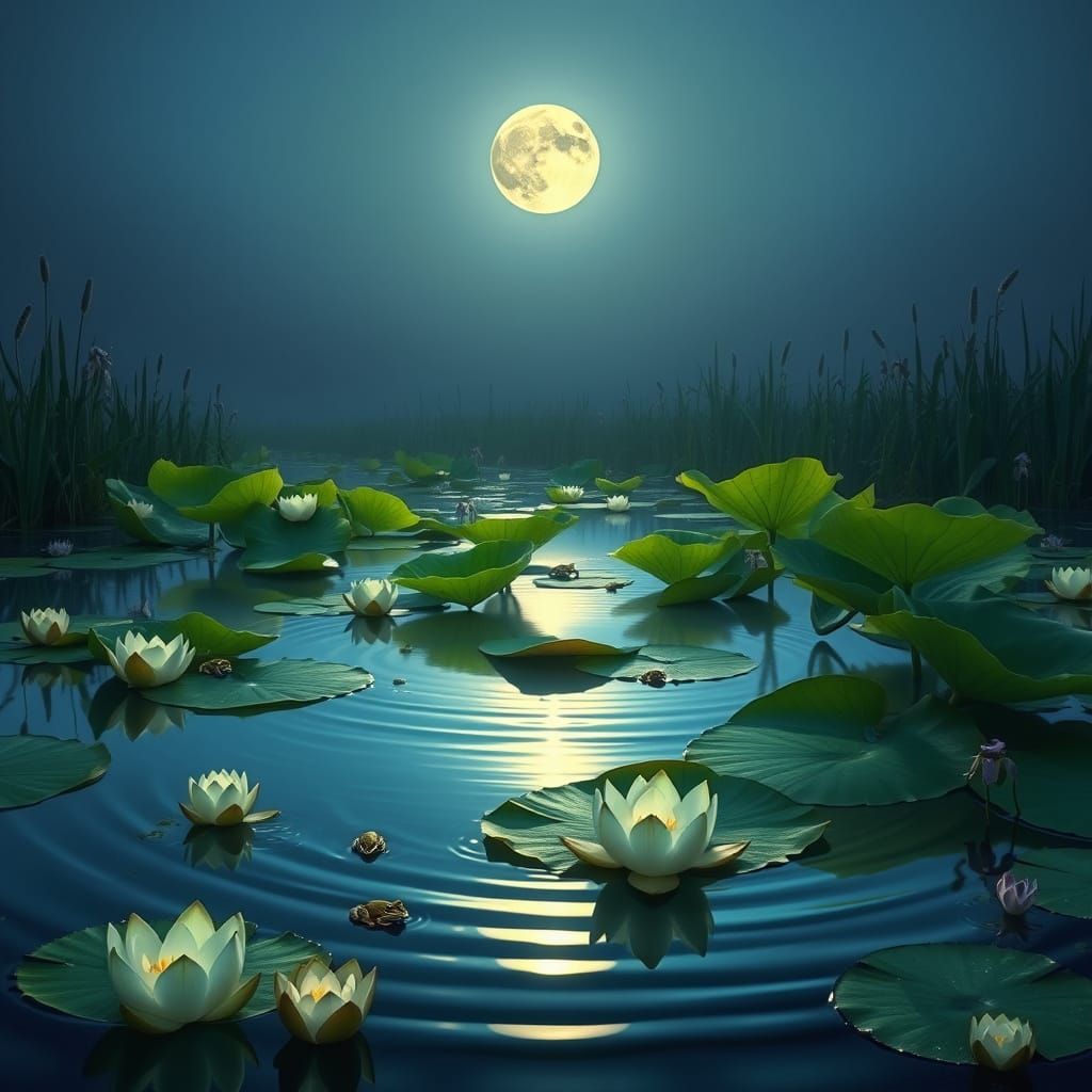 Moonlit Lake Scene with Glowing Lotus and Frogs