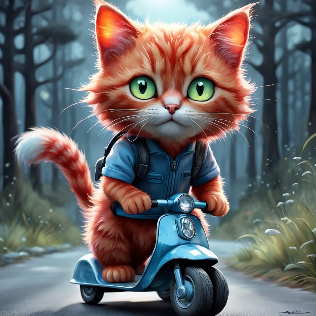 Red-Haired Kitty on Scooter in Watercolor Style