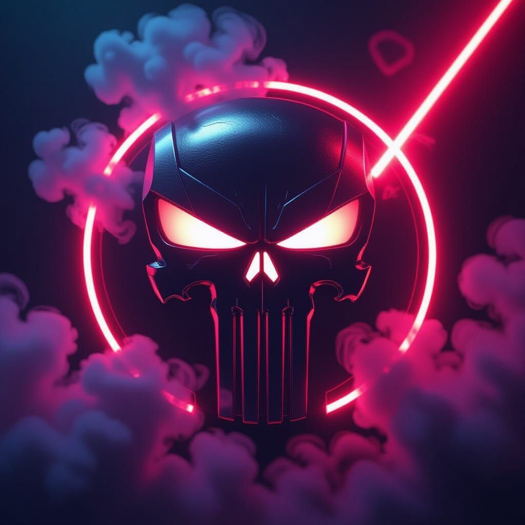 Chrome Punisher Logo with Neon Red Glow and Laser Light