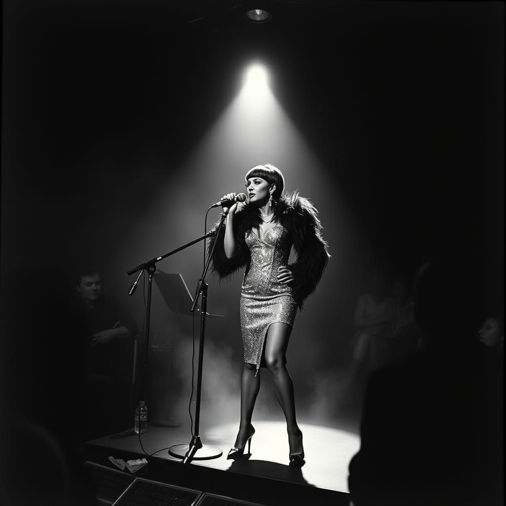 Singer on Smoky Stage in 1970s Jazz Club