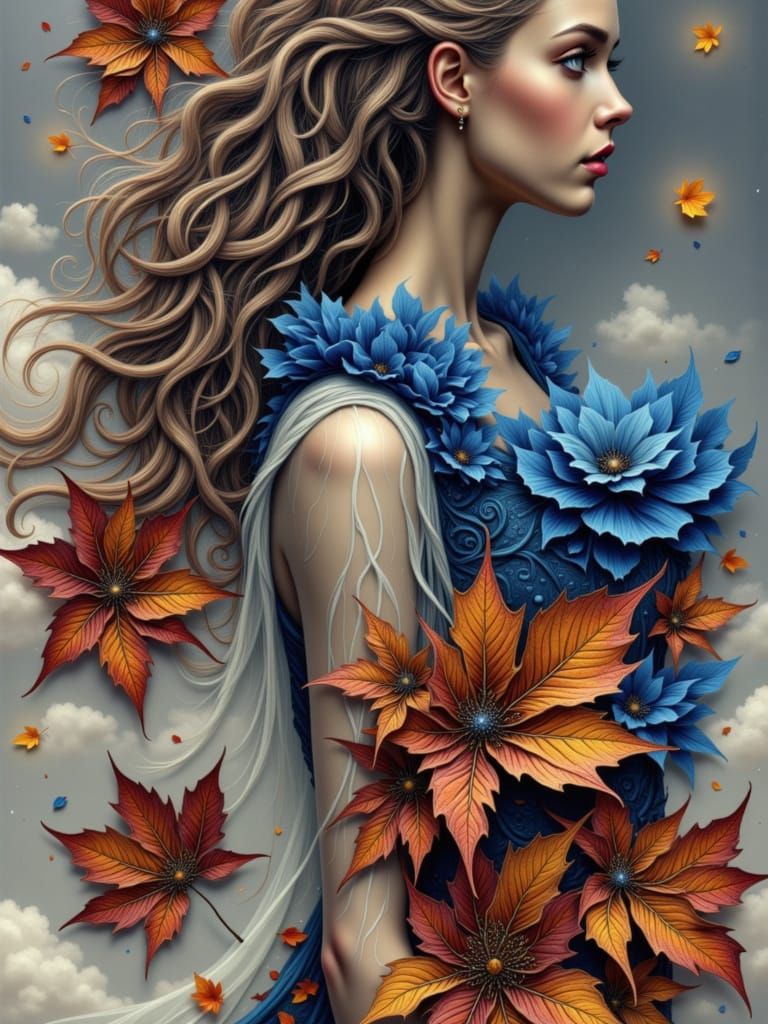 Autumn Goddess in Flowing Dress Amidst Leaves