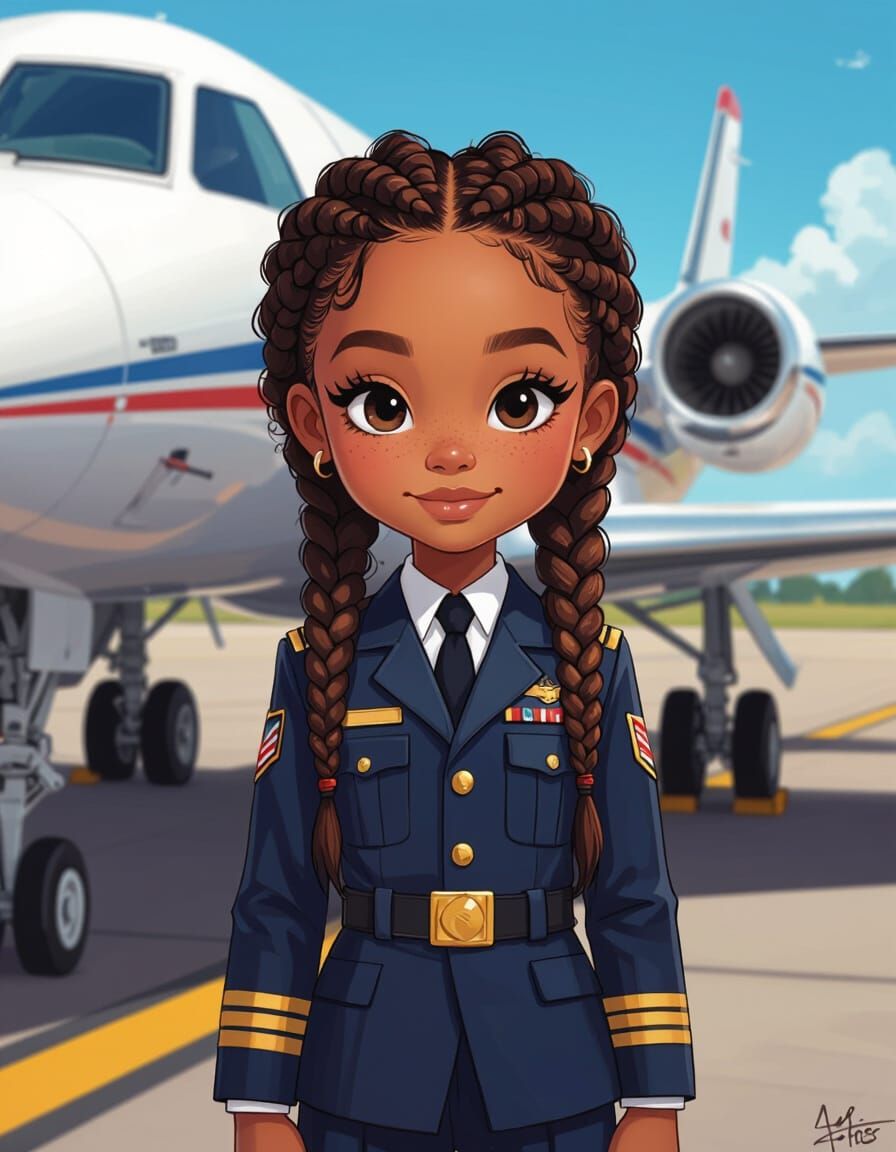 Girl Pilot with Afro Braids on Runway, Loish Style