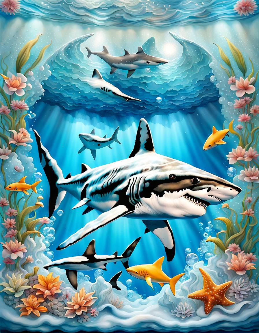 Hammerhead Sharks in Icy Wave: Digital Art