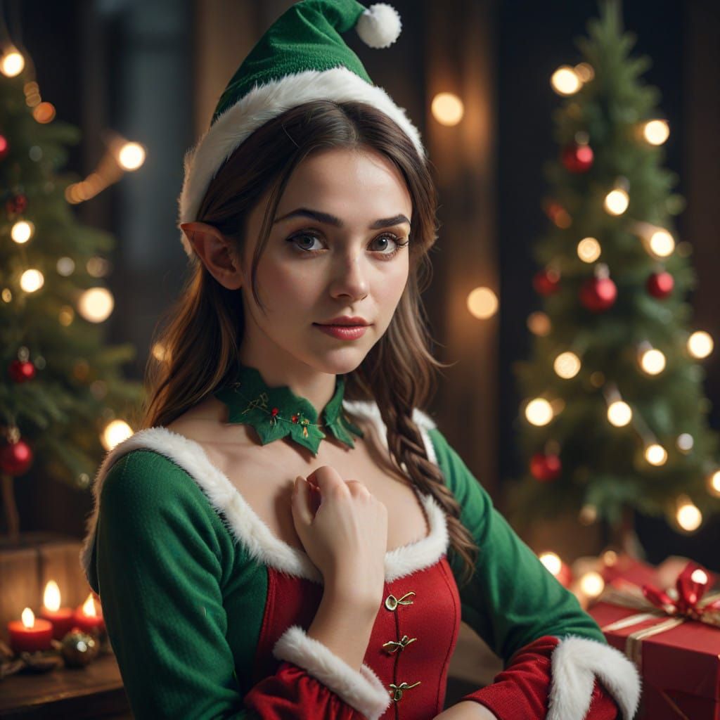 Cinematic Christmas Elf Woman in Vintage 35mm Film Style