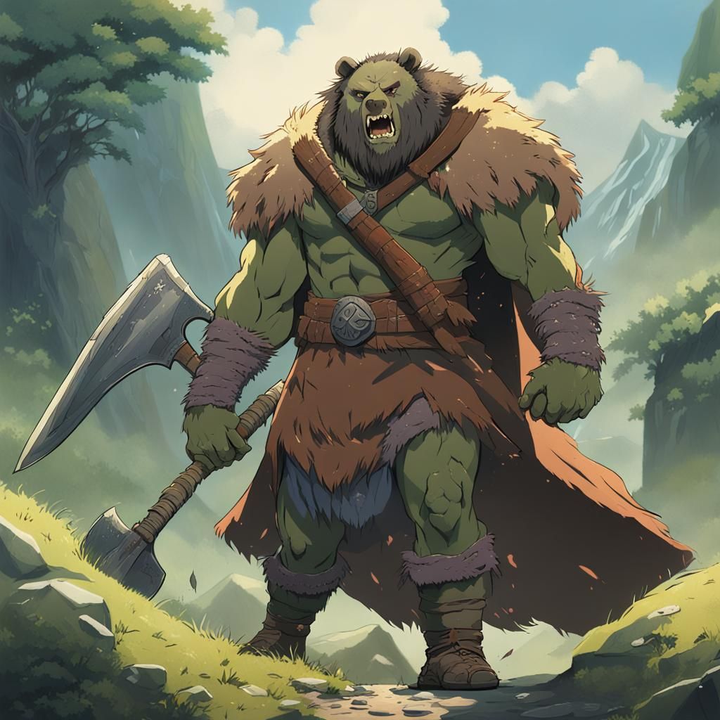 Half-Orc Barbarian in Ghibli-esque Anime Style