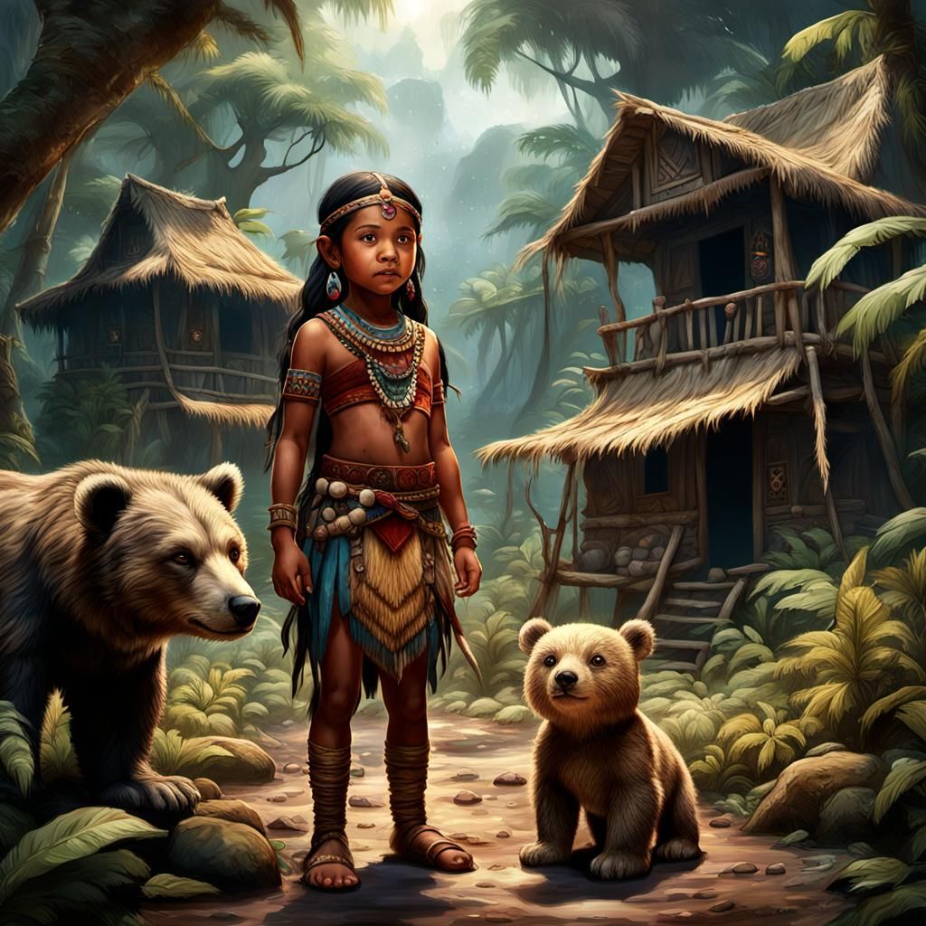 Taino Princess with Bear Cub in Fantasy Forest