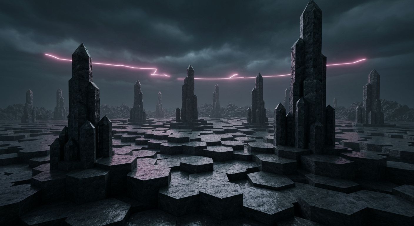 Geometric Obsidian Rock Formations in Futuristic Style