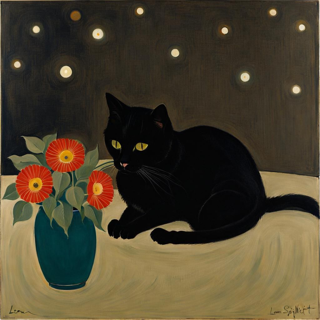 Cute Cat Surrounded by Flowers in Symbolic Style