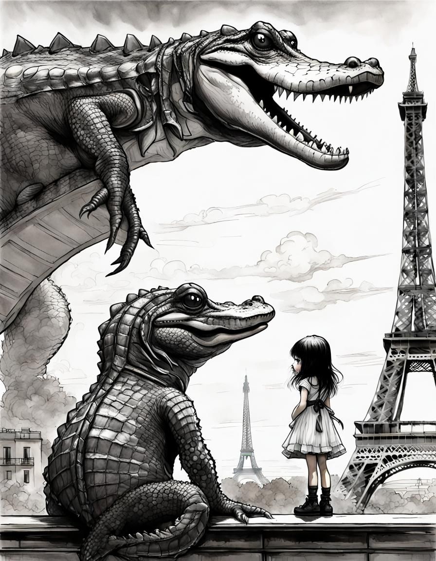 Kaiju Alligator Over Paris, Ink Illustration