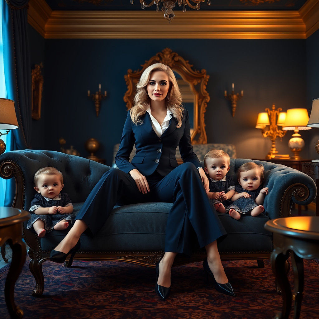 Elegant Woman and Children in Blue Boudoir