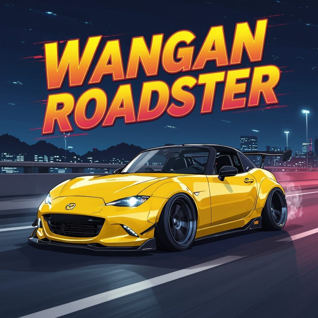 Yellow Mazda Miata with Rocket Bunny Kit at Night