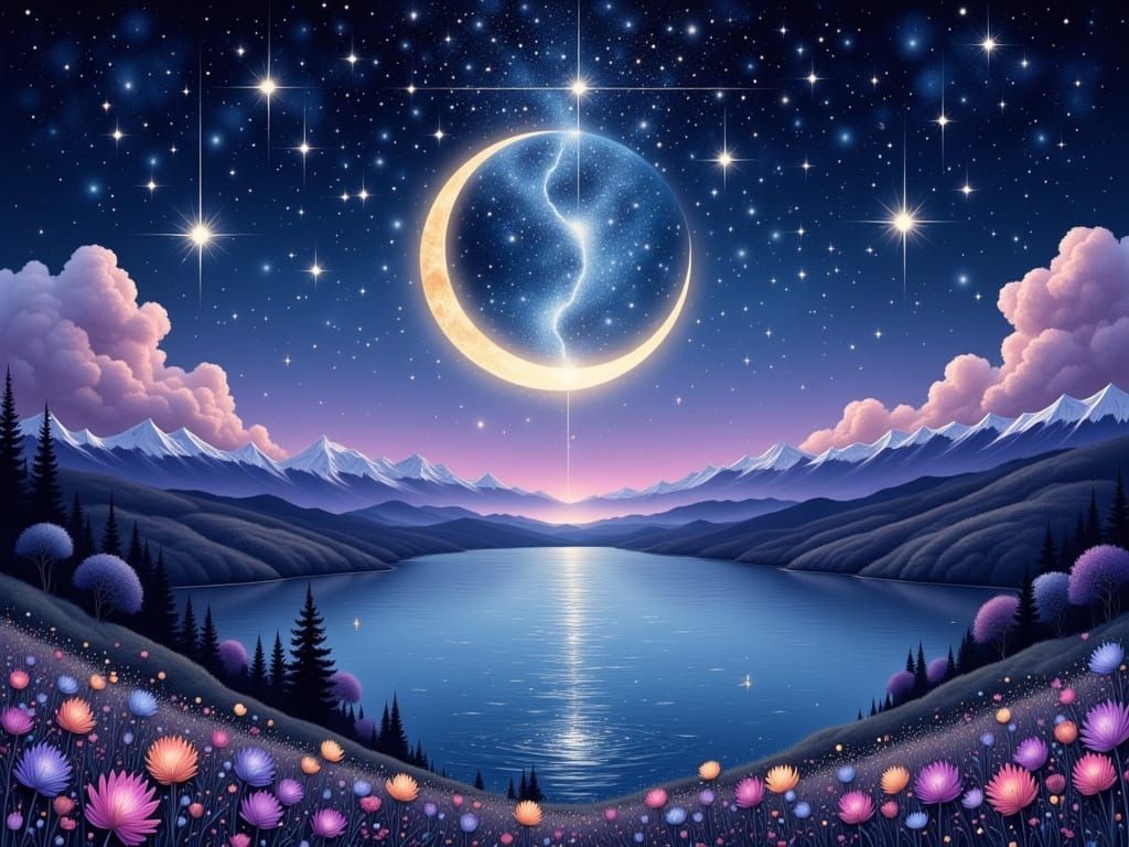 Dreamy Night Scene with Glowing Crescent Moon