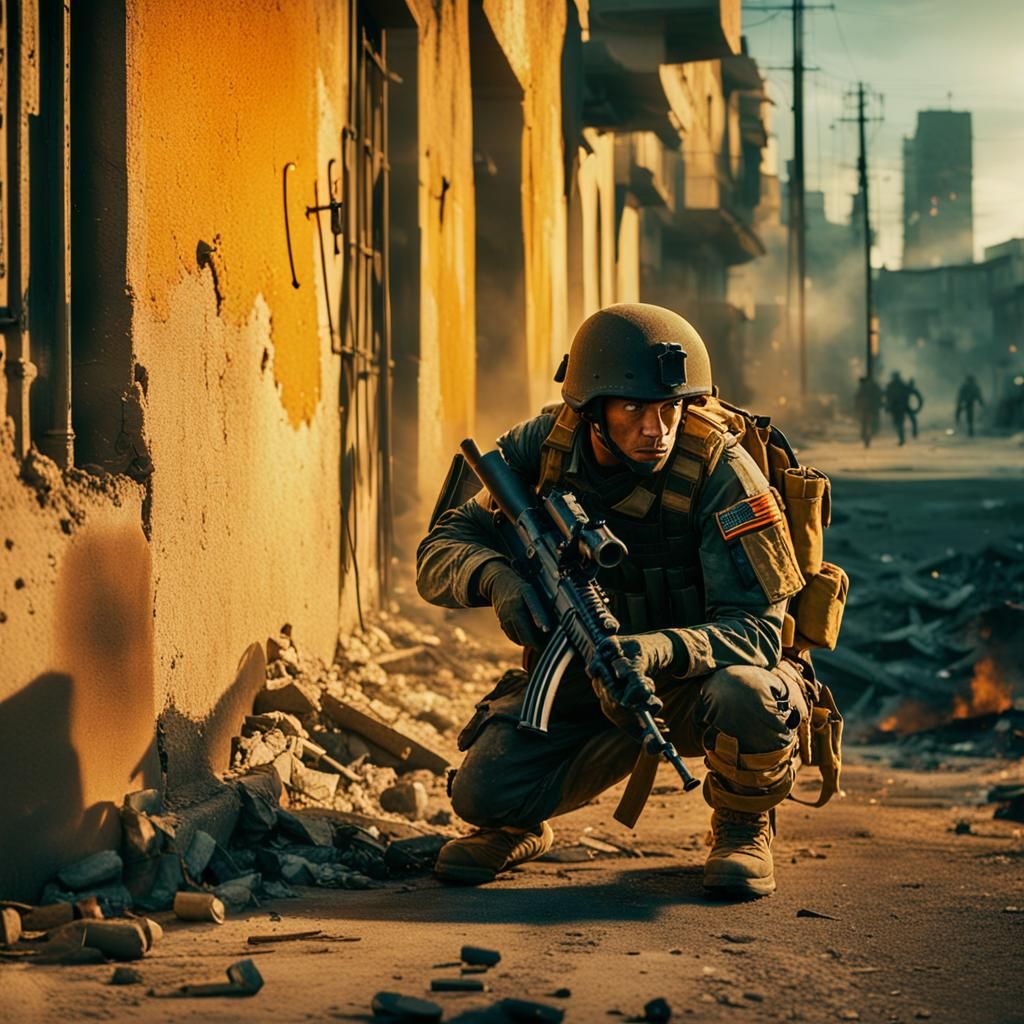 Cinematic Soldier in War-Torn City at Golden Hour