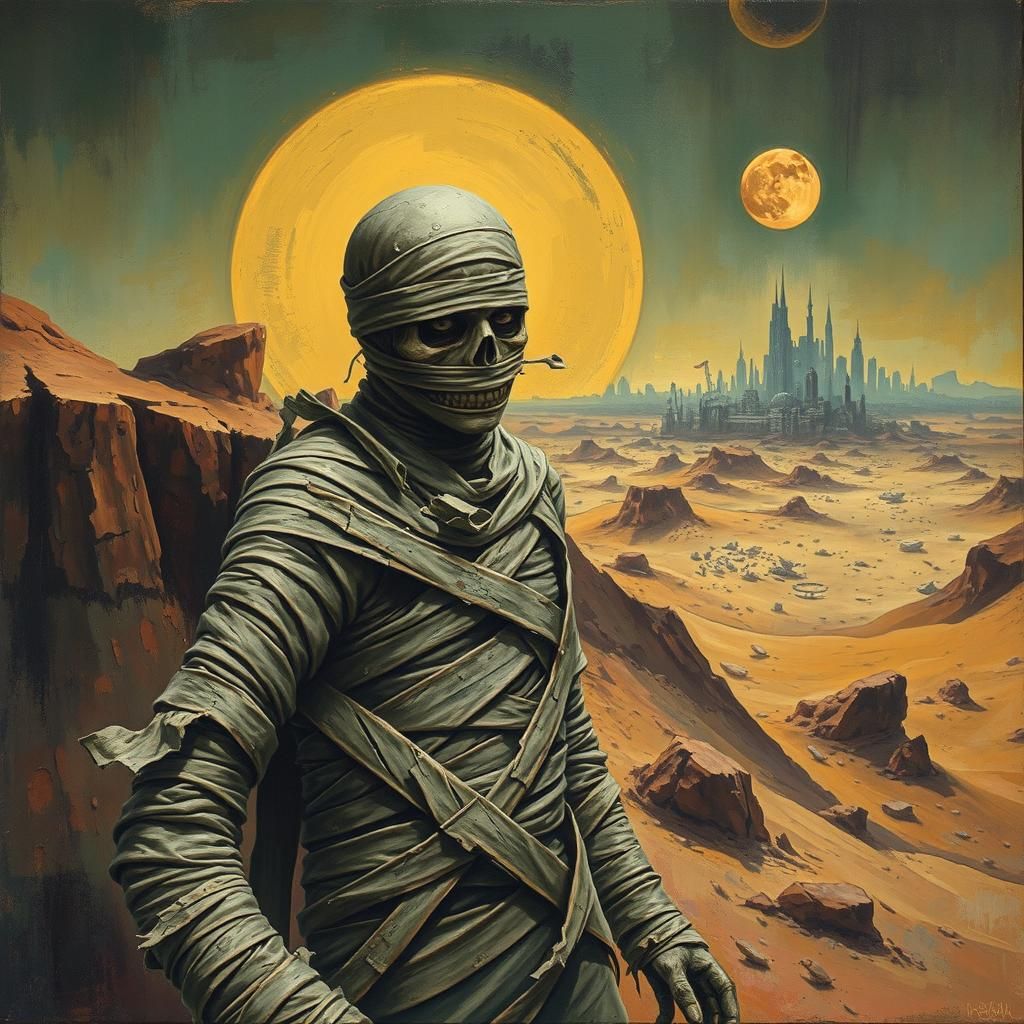 The Mummy in Dystopian Art Deco Landscape