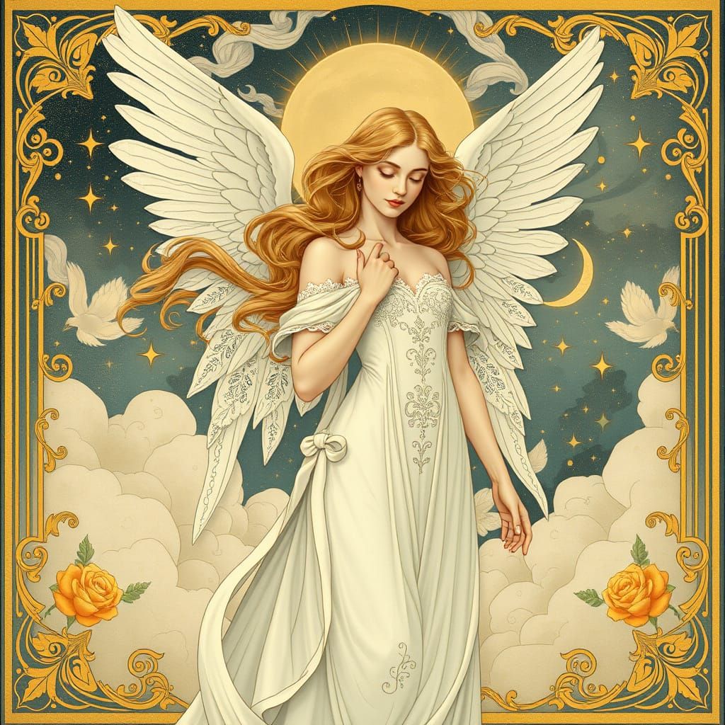Serene Angel in Art Nouveau-Inspired Dreamscapes