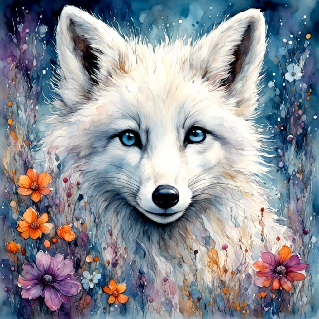 Arctic Fox Portrait in Watercolor Floral Landscape