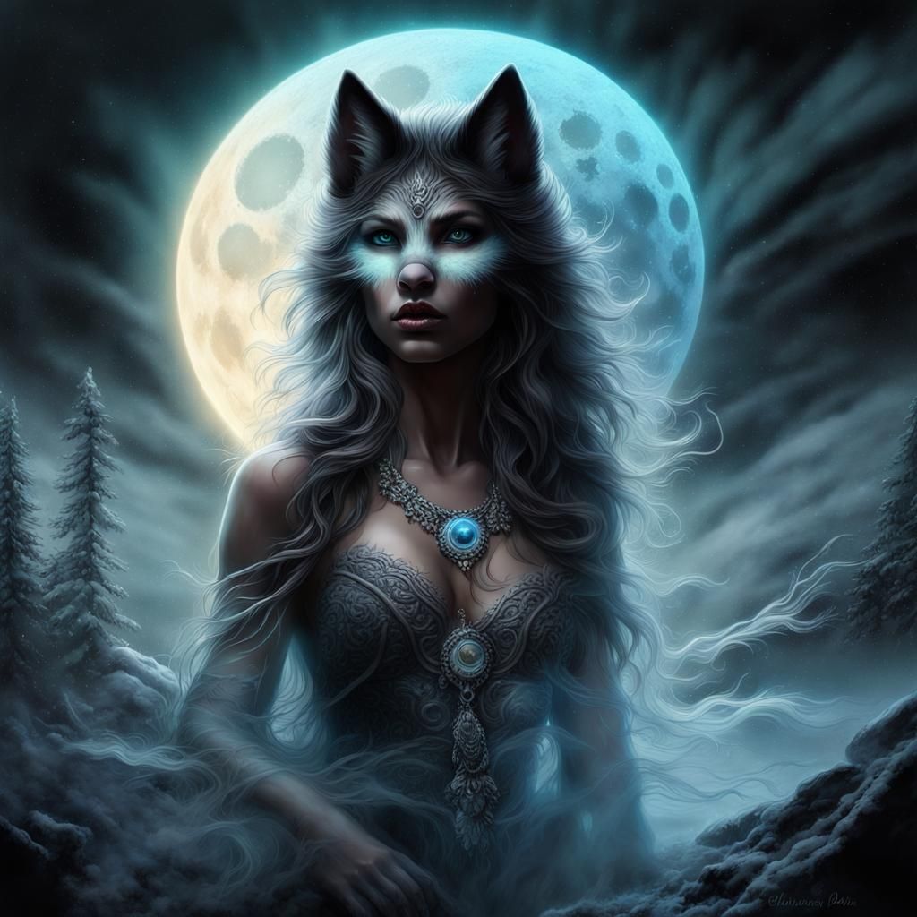 Glowing Wispy Werewolf with Bioluminescent Moon