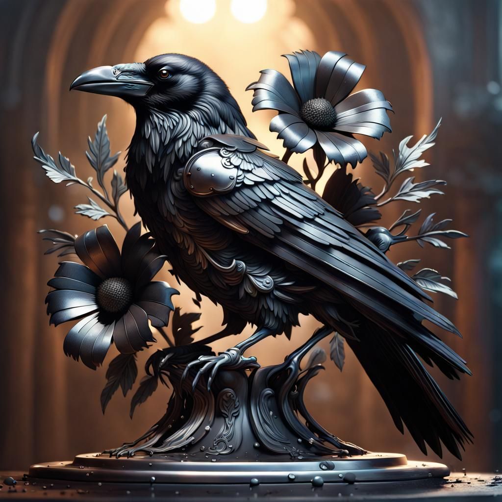Raven on Metal Flower: Ultra-Detailed Splash Art