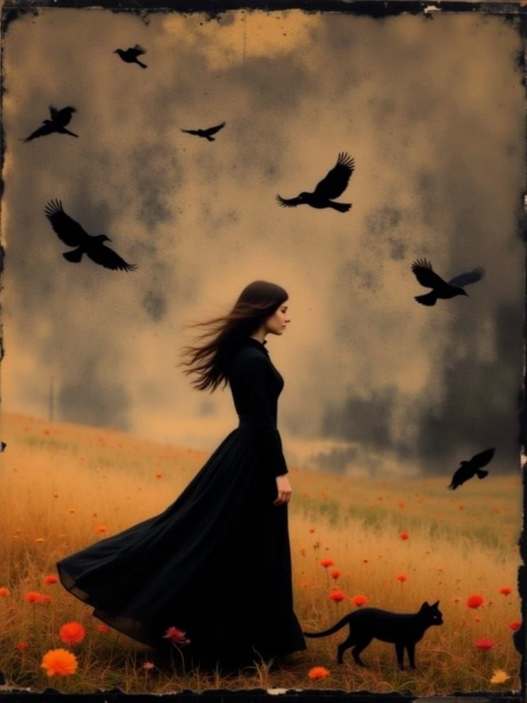 Dia de Los Muertos Girl with Cat in Ethereal Cemetery