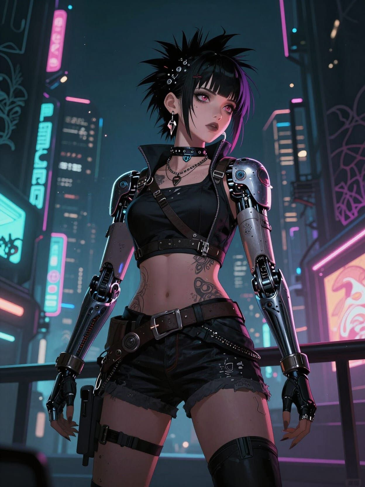 Punk Warrior Navigates Neon Cityscape in Cyberpunk Style