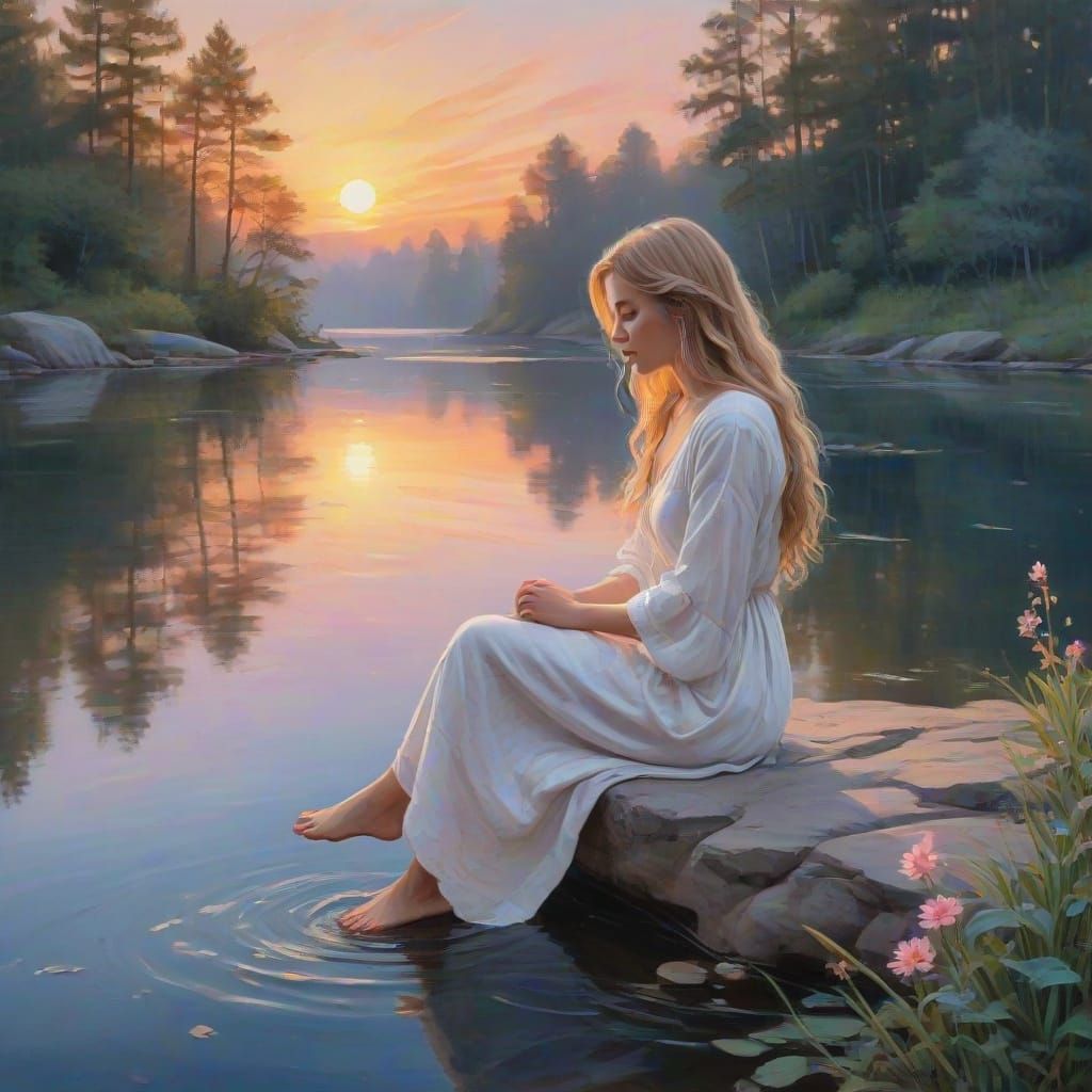 Serene Woman by Tranquil Lake at Dawn in Impressionist Style