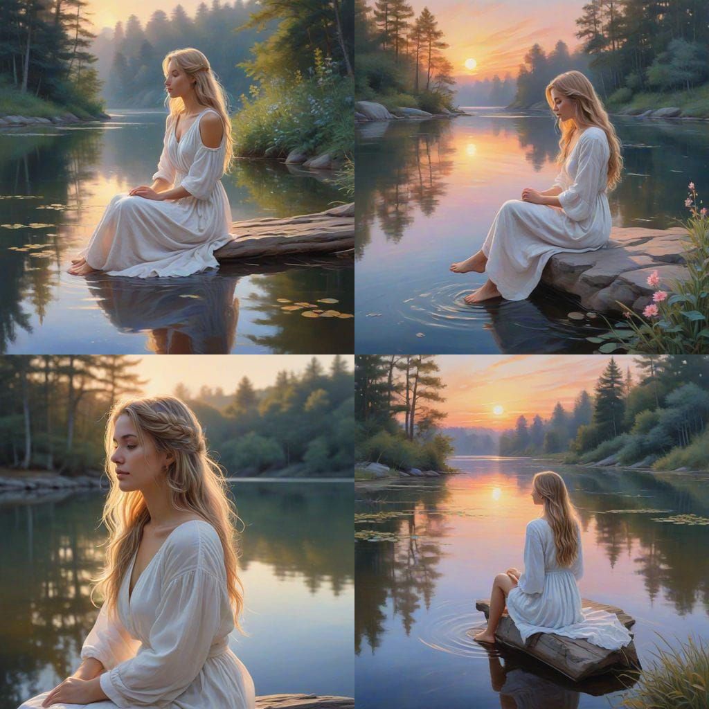 Serene Woman by Tranquil Lake at Dawn, Oil Painting Style