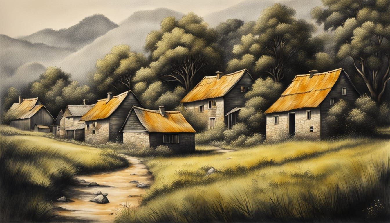 Village in Summer Landscape, Charcoal Drawing Style