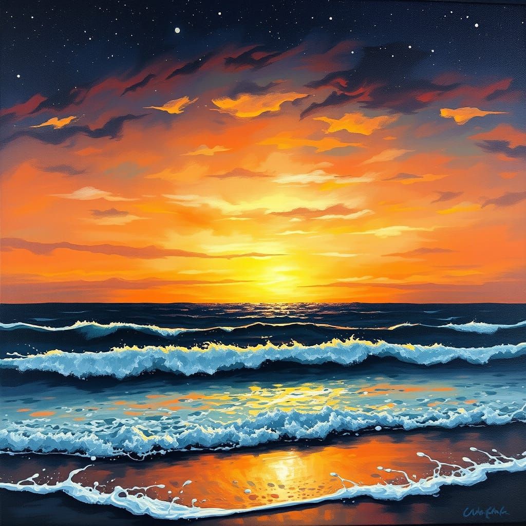 Seaside Sunset Under Starry Sky in Charcoal Style