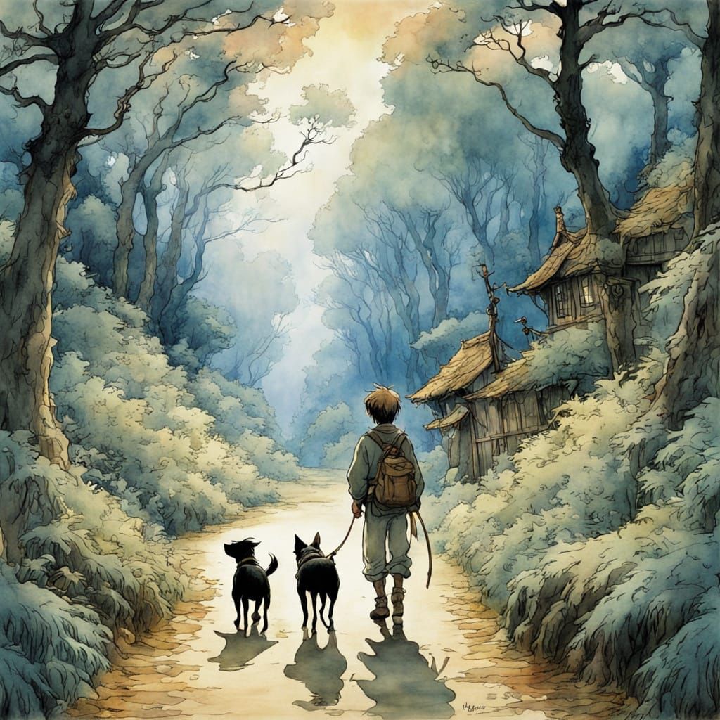 Whimsical Anime Boy With Dog in Warm Fantasy Tones