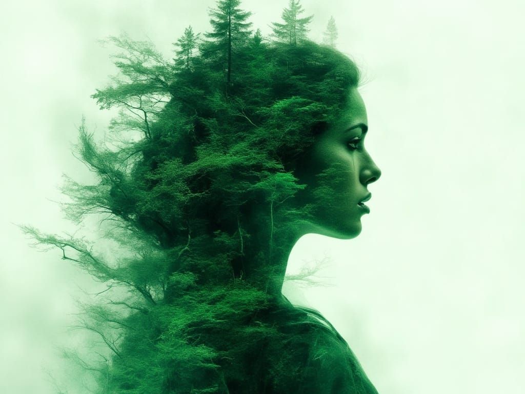 Woman's Profile Merged with Emerald Forest Landscape