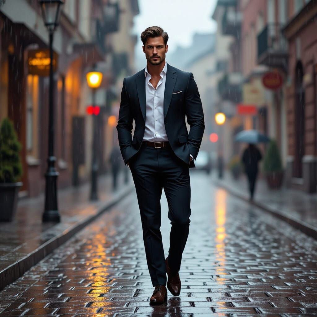 Muscular Man in Suit on Rainy Georgian Street