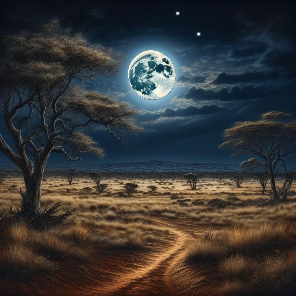 Hunters Moon Over African Plains, Hyperrealistic Painting