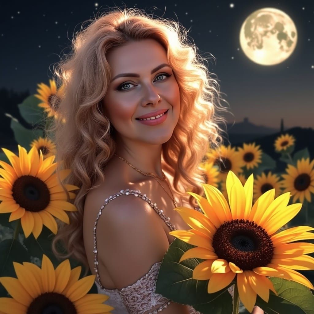 Girl in Dreamlike Scene with Sunflowers and Moon, Inspired b...