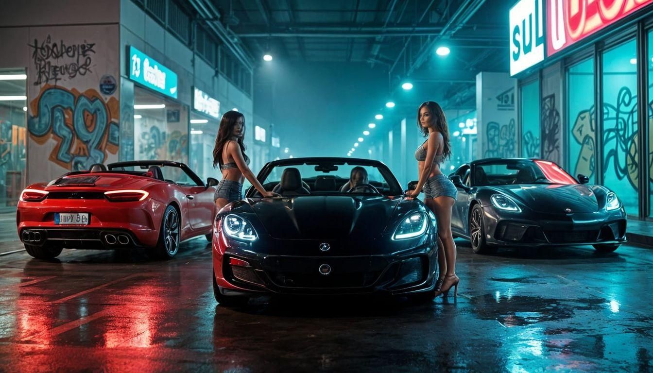 Convertible Sports Cars with Women in Graffiti Street Art