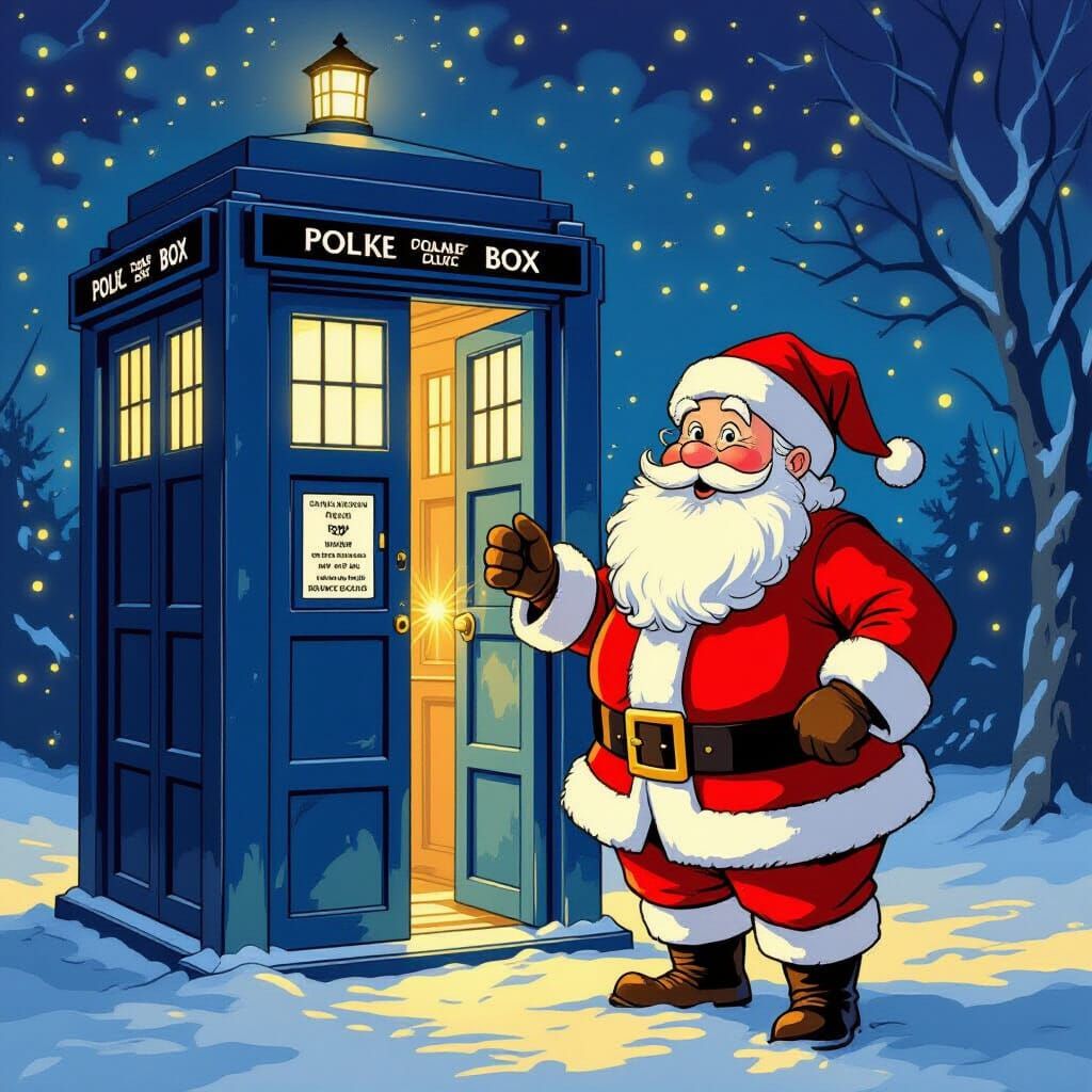Santa Claus and TARDIS in Whimsical Children's Book Style