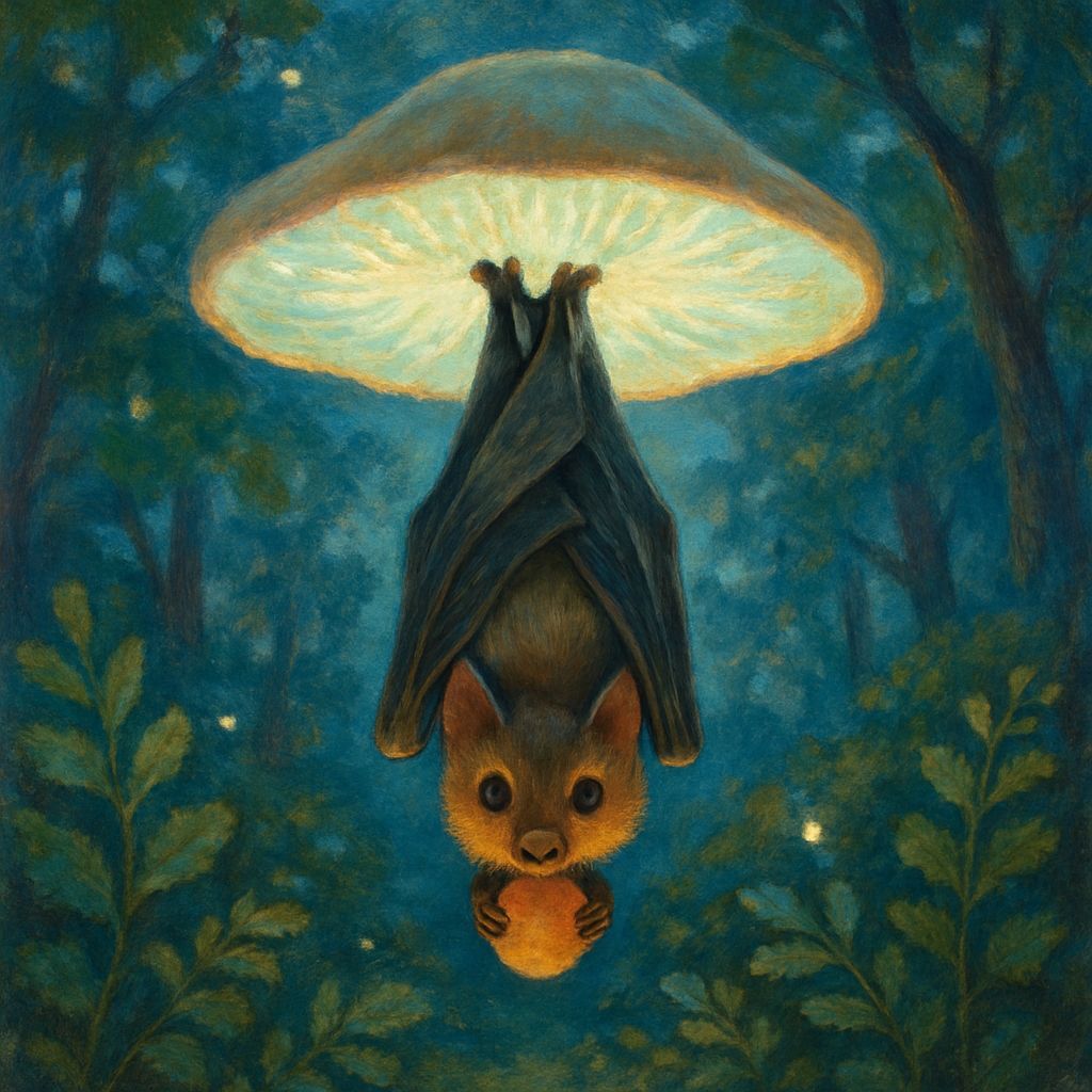 Fruit Bat on Bioluminescent Mushroom in Twilight Forest