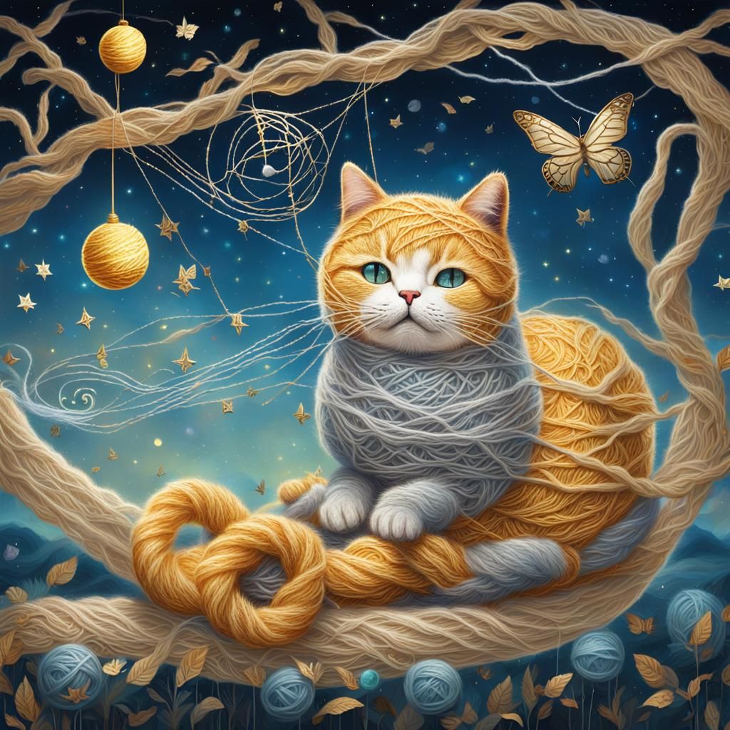 Yarn Cat in Whimsical Fantasy Landscape