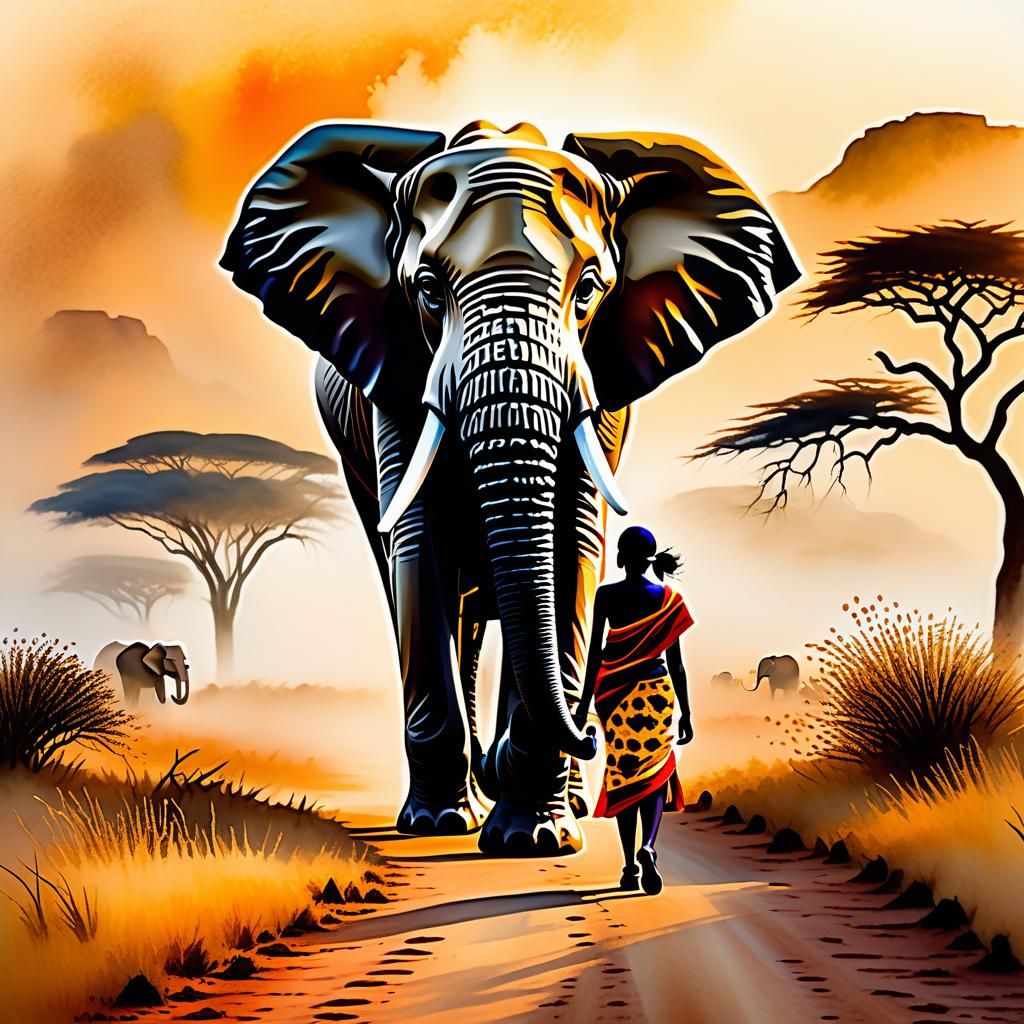 Elephant and Girl in Watercolor Painting