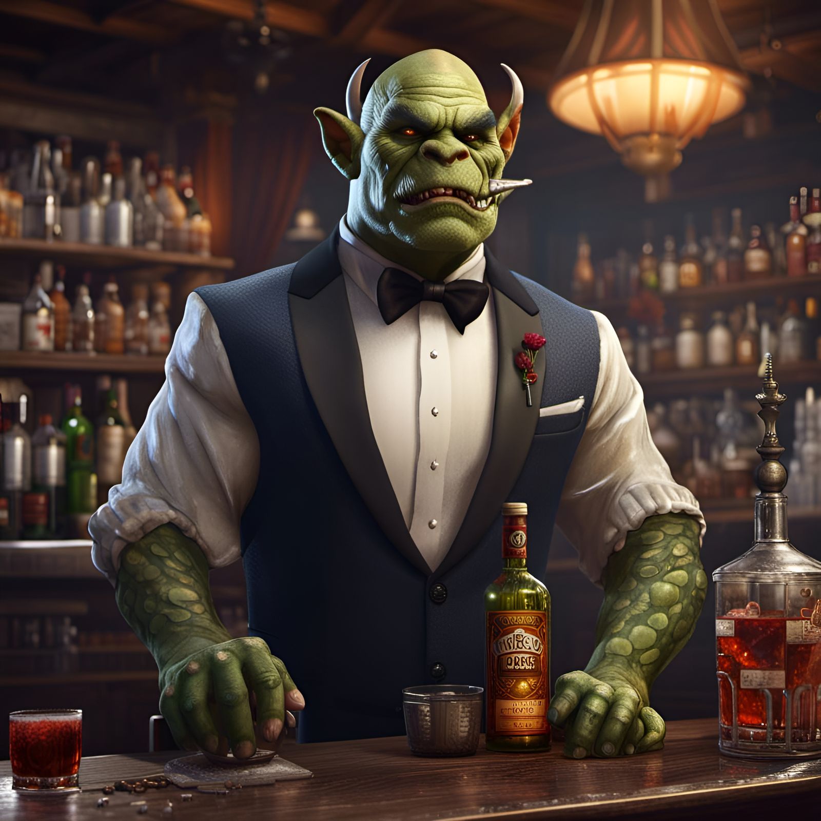 Orc Bartender in Tuxedo: Fantasy Concept Art