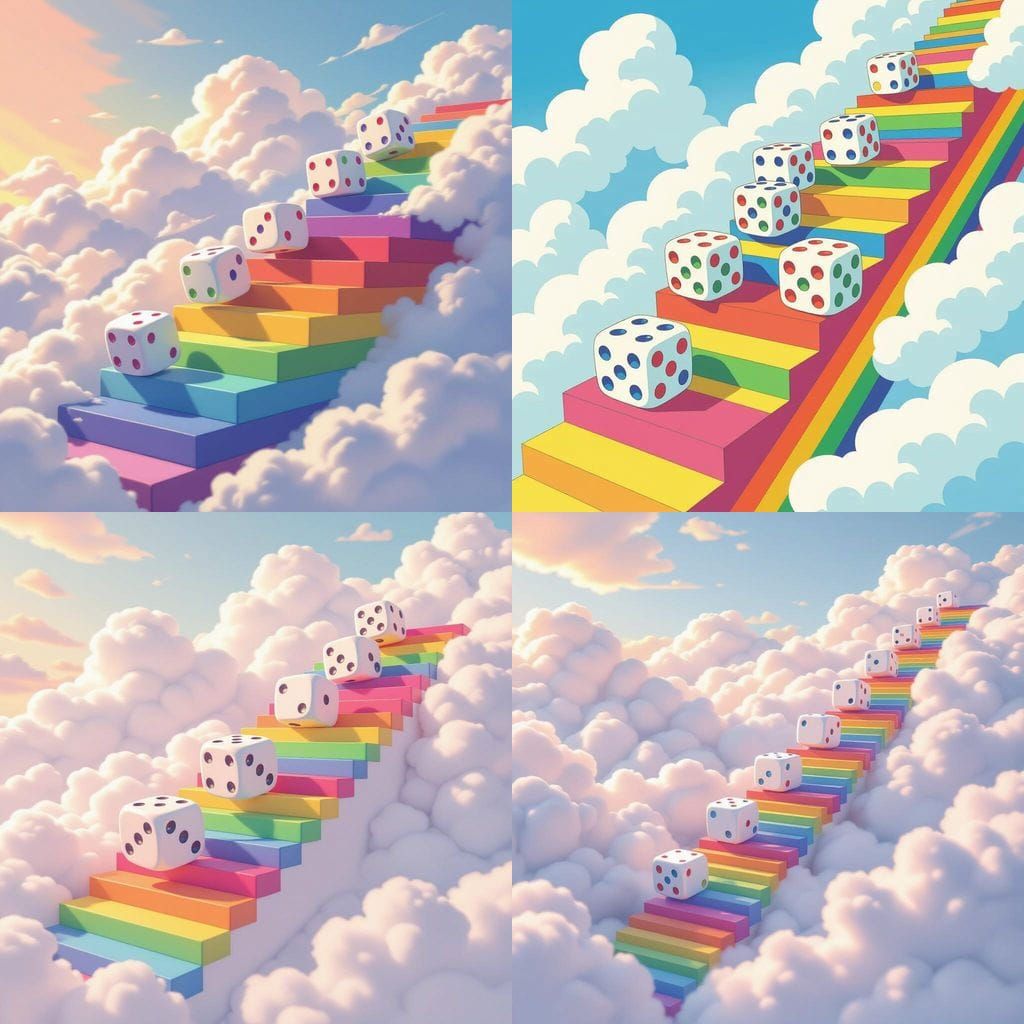 Rainbow Dice Ascend to Cloudy Sky